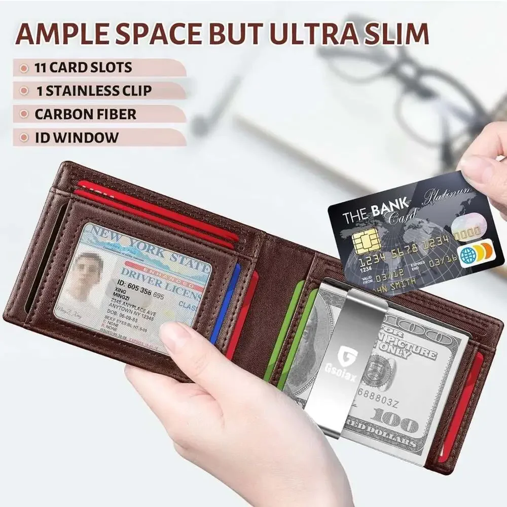 GSOIAX Men's Slim RFID Blocking Leather Wallet with Removable‎ Money Clip and 11
